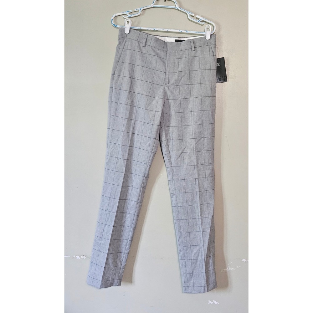 H&M Mens Slim Fit Grey Windowpane Check Dress Pants Trousers 32R